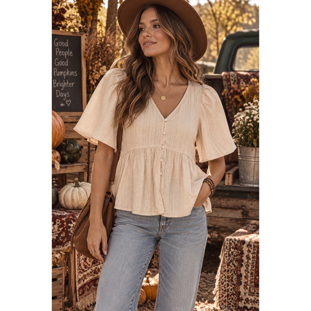 Boho Cotton Peplum Top Ivory Textured V Neck Button Front Mi Ami Francesca's S
